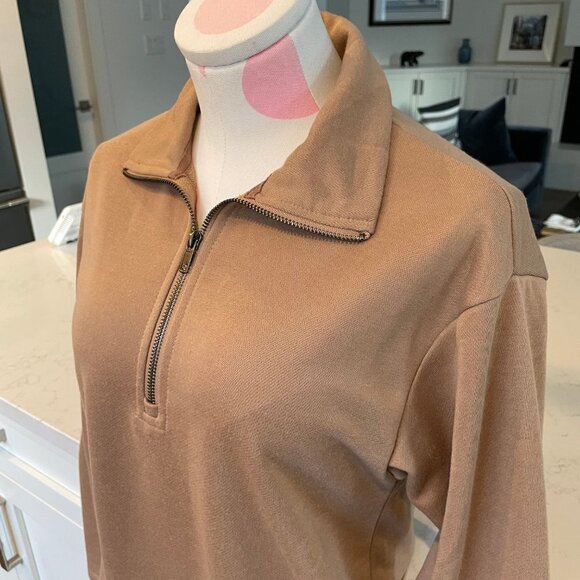 Wishlist 1/4 Zip LS Collared Drop Shoulders Sweatshirt Midi Dress Tan Sz S NWOT - Picture 5 of 12